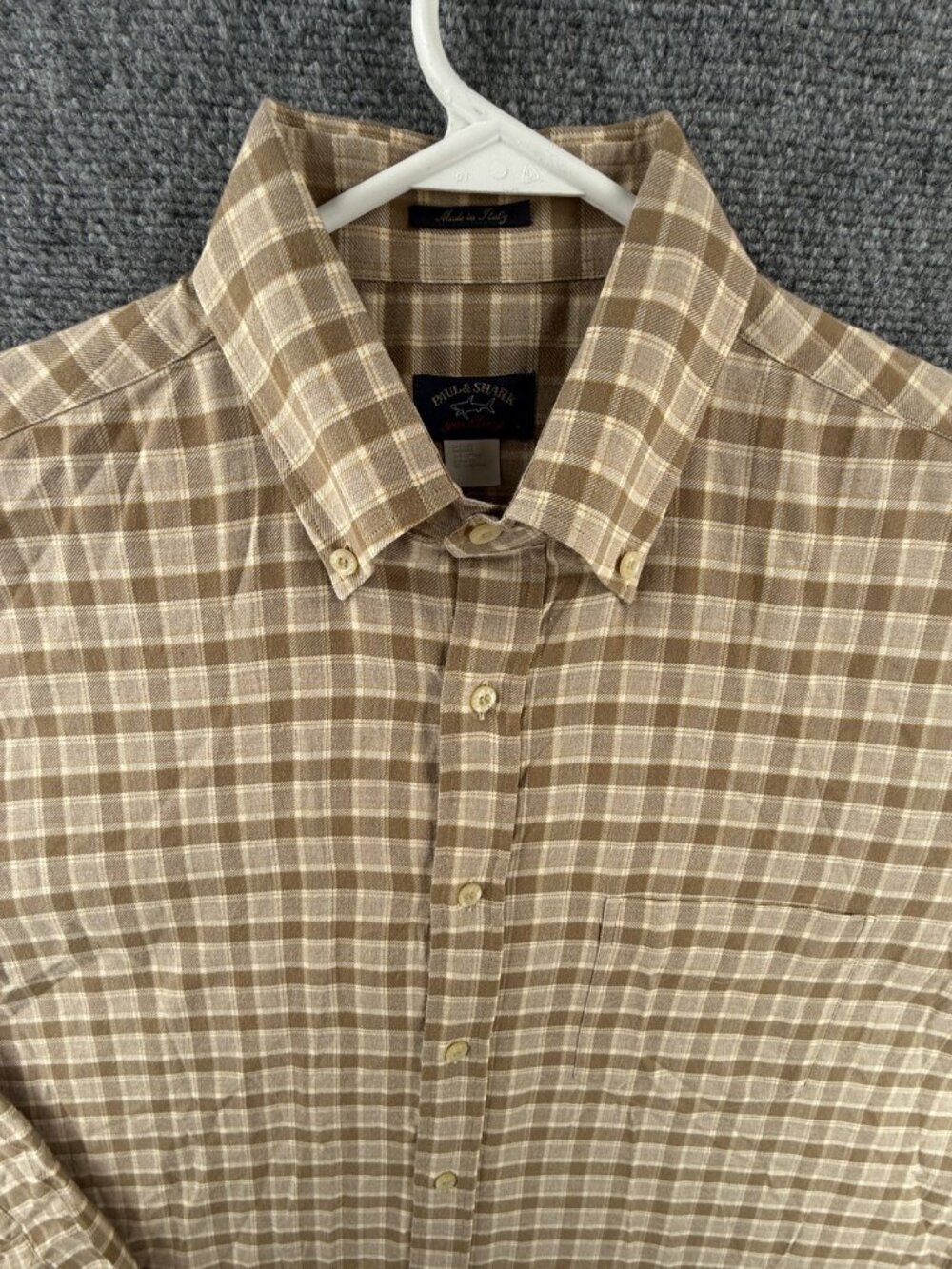 Paul & Shark Cotton Wool Flannel Beige Check Long Sleeve Italy Made Large Men